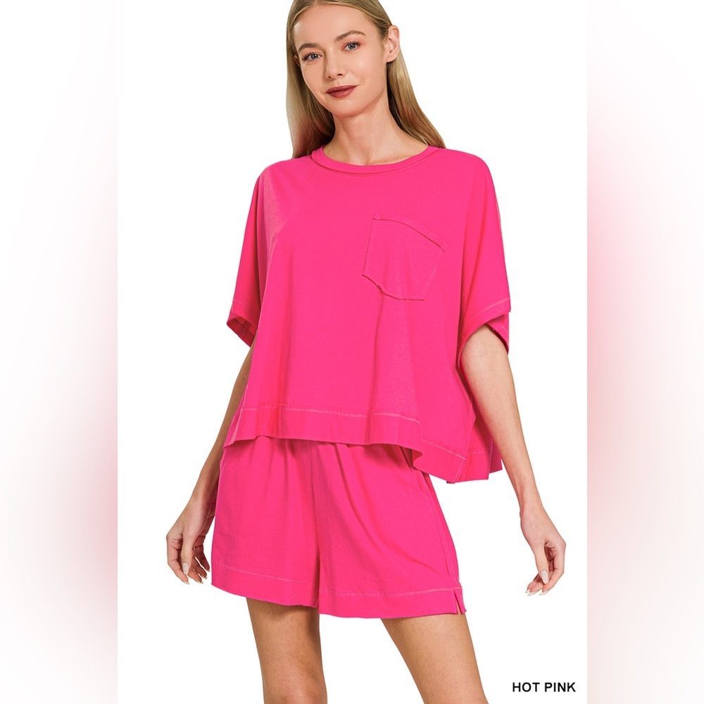 Zenana Outfitters Hot Pink Relaxed Pocket Tee and Shorts Set
